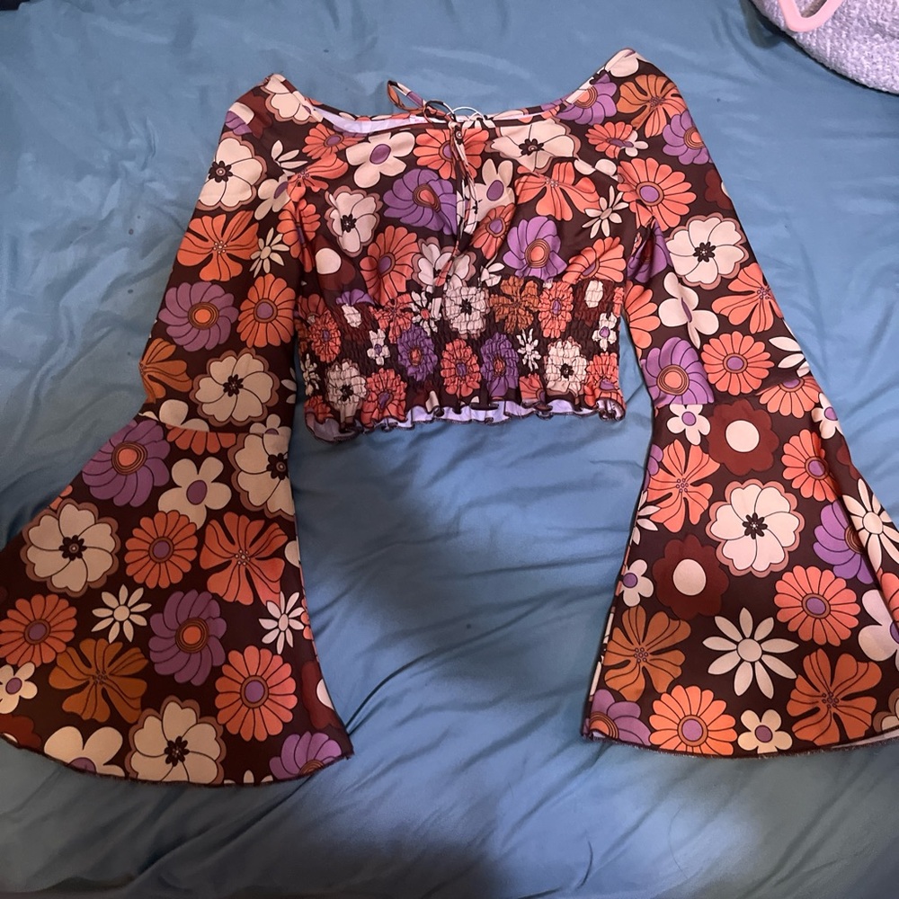 Brown Bell Sleeve Retro Crop Blouse